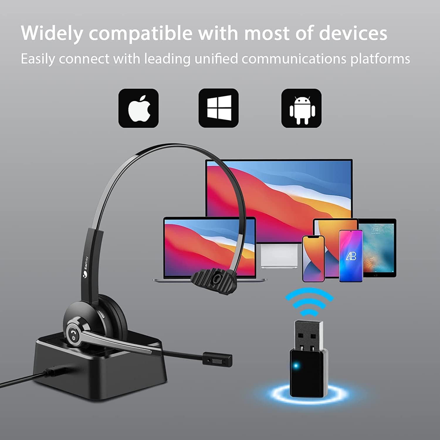 Earbay Trucker Wireless Headset with Microphone, USB Dongle & Charging Base BT681C-DG