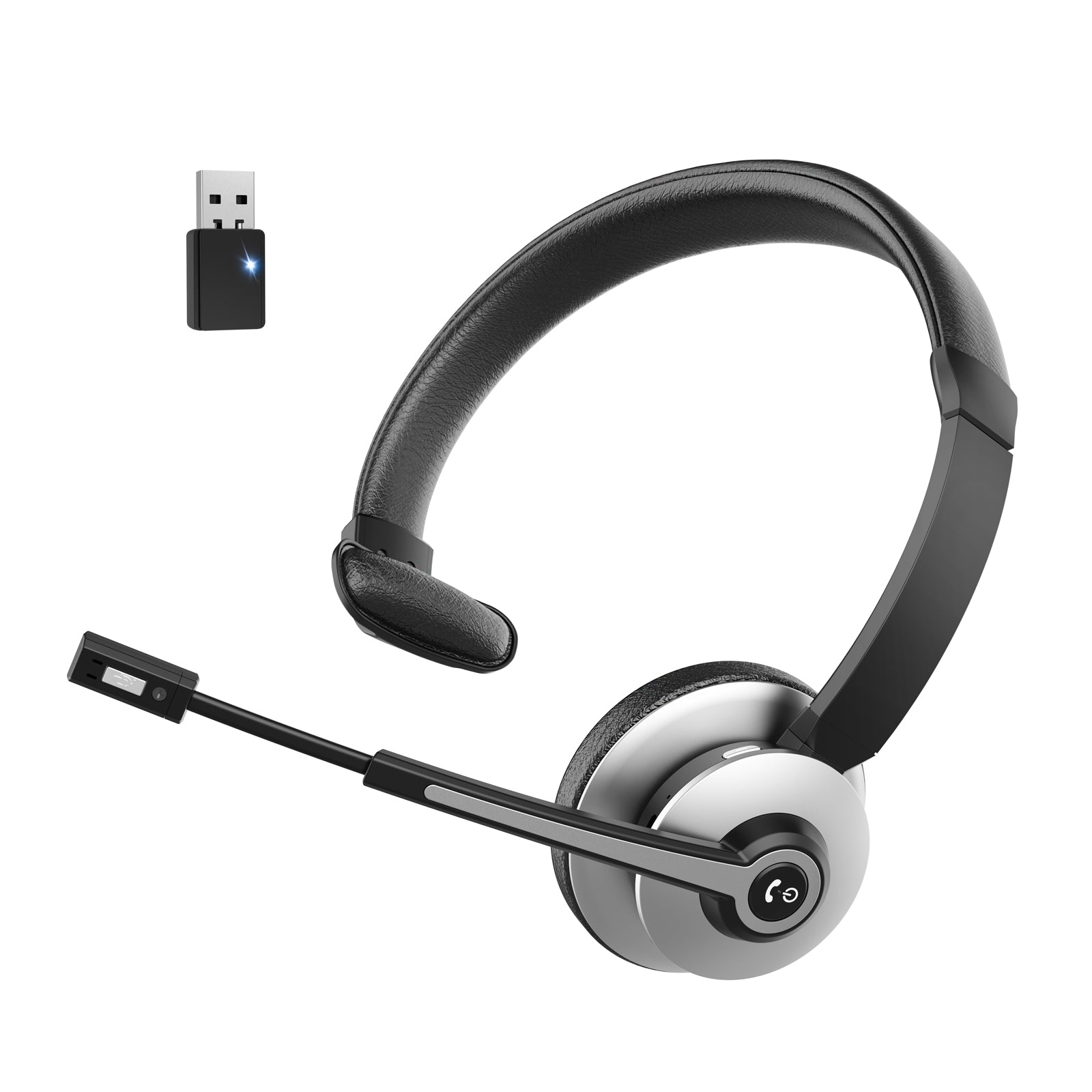 Trucker Bluetooth Headset,Wireless Headset with Microphone V5.3 with Noise Canceling Microphone & USB Dongle,Bluetooth Headset 28Hrs Working Time for Office Computer Work Cell Phone Black Silver