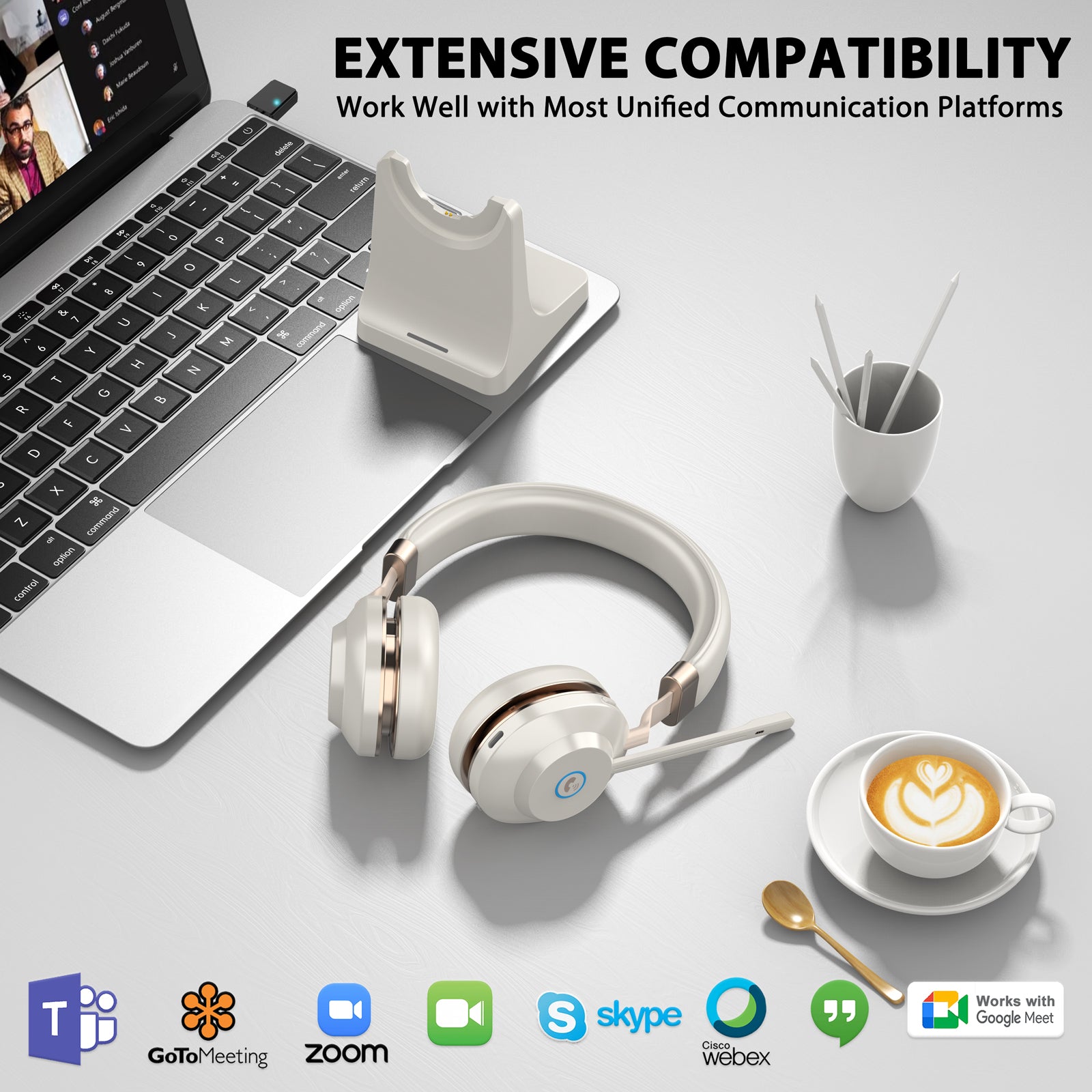 White Gold Bluetooth Headset with Microphone, USB Dongle & Charging Base BT882CMDBJ (Qualcomm 3024 Chip)