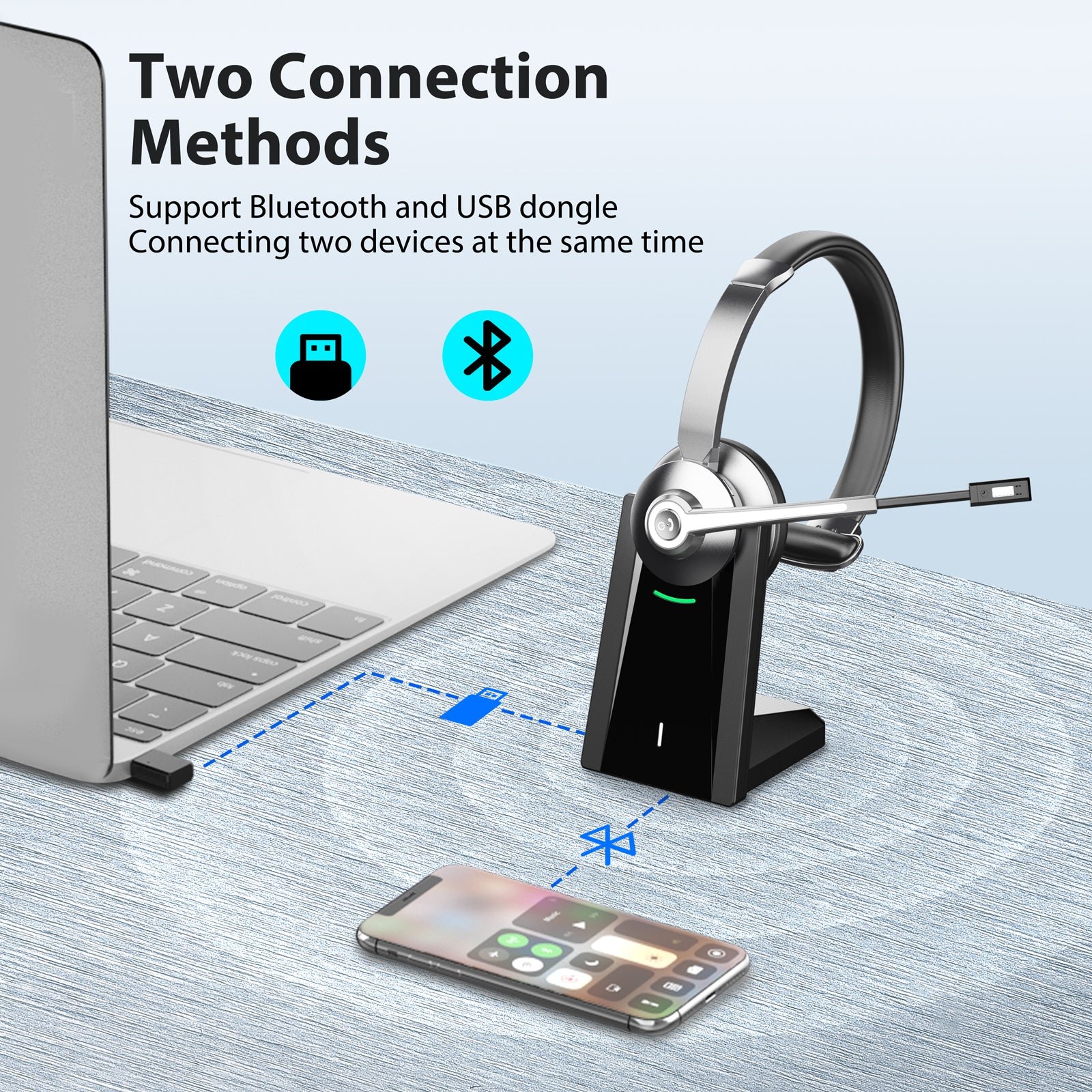 Two connection methods,Support bluetooth and USB dongle connecting two devices at the same time.
