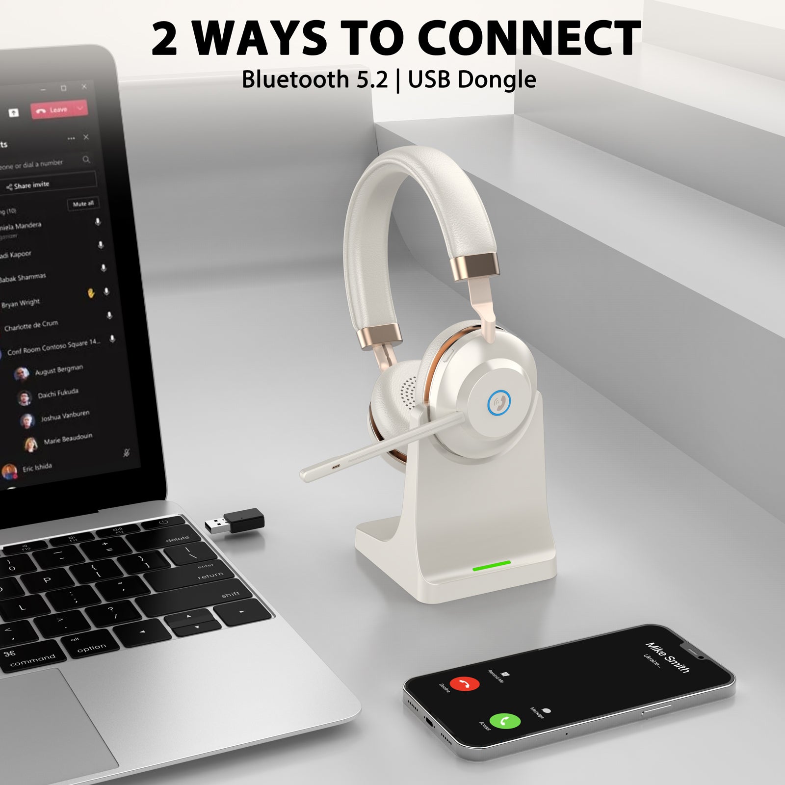 White Gold Bluetooth Headset with Microphone, USB Dongle & Charging Base BT882CMDBJ (Qualcomm 3024 Chip)
