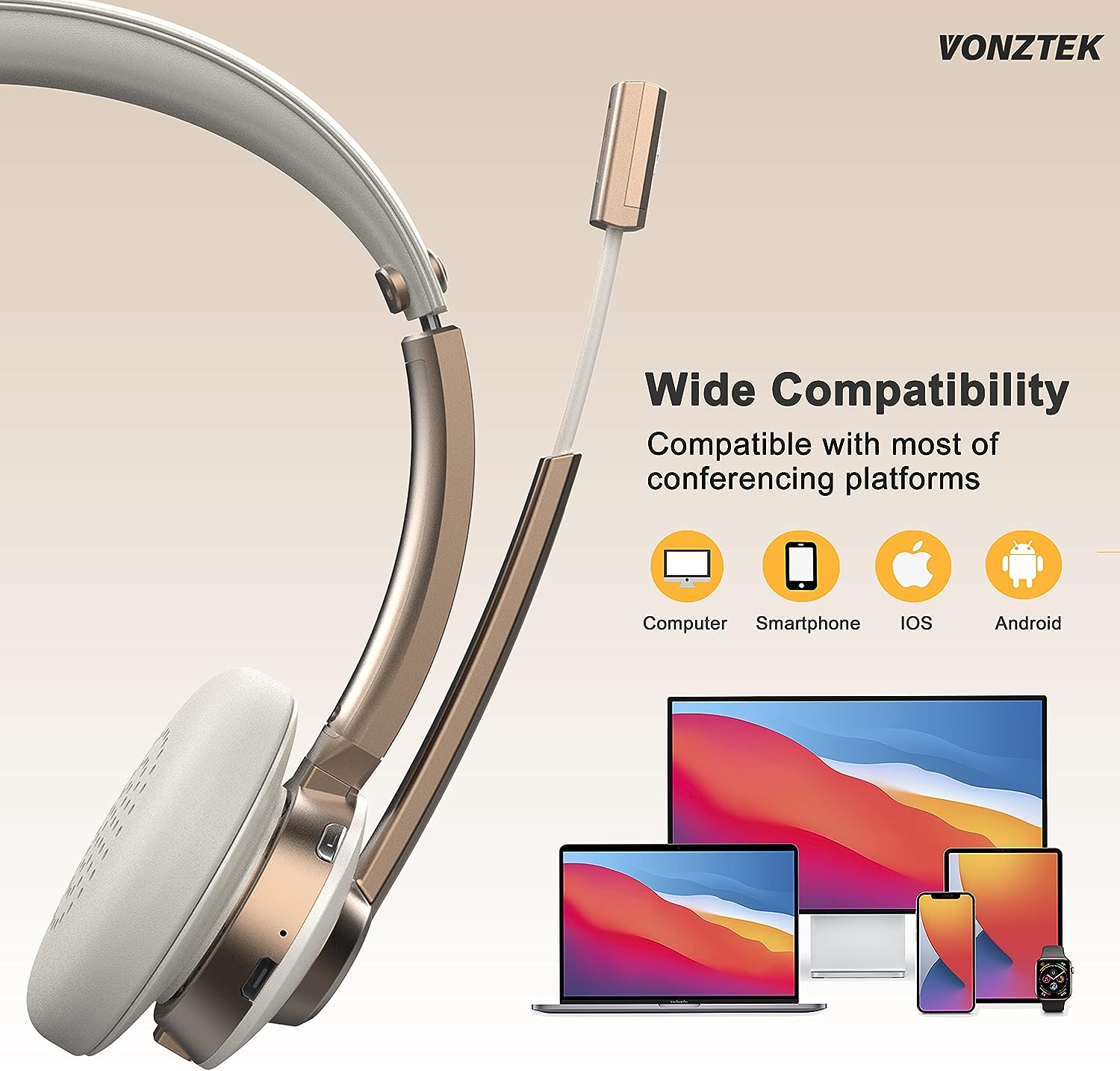 Vonztek Bluetooth Headset with Microphone, Wireless Headphones with
