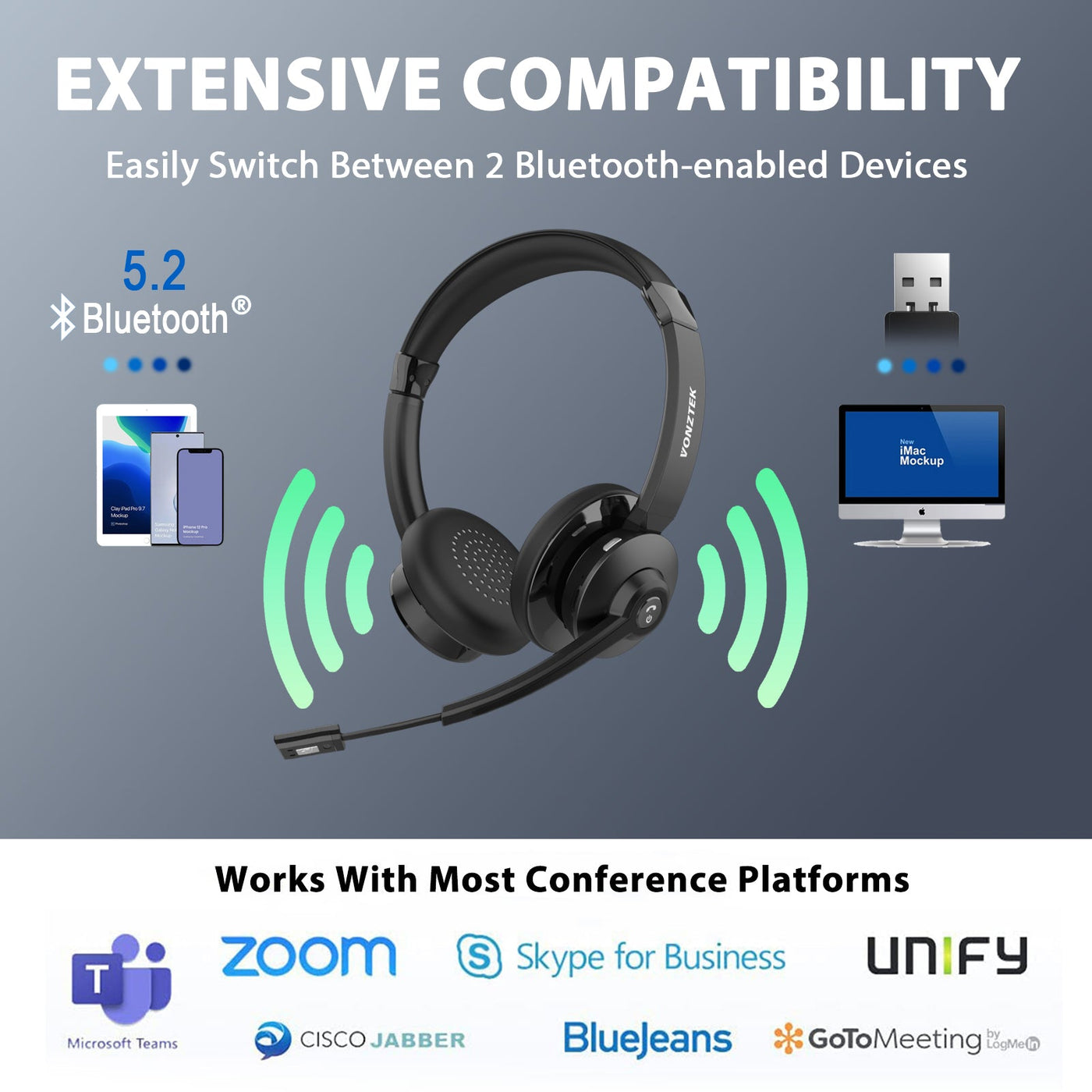 vonztekWireless & Bluetooth Headsets Headphones with Mic for PC
