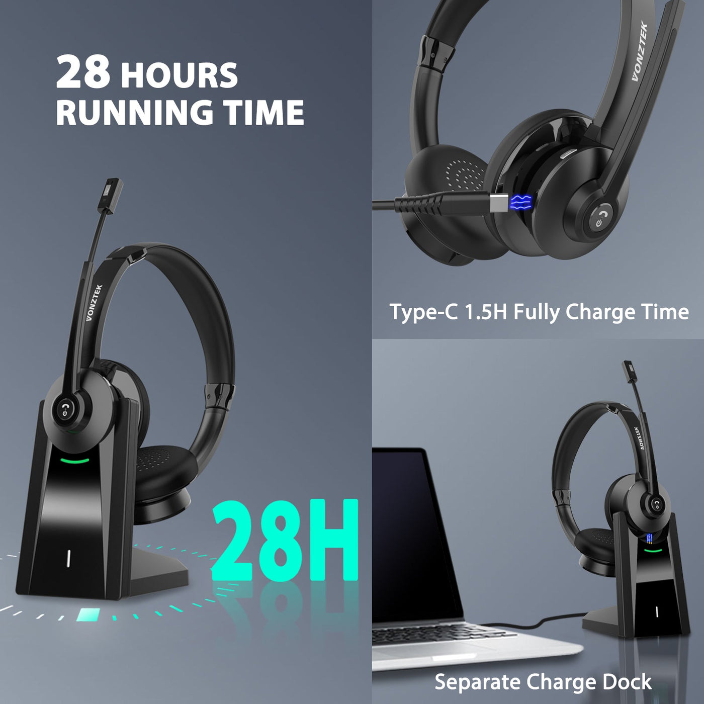 vonztekWireless & Bluetooth Headsets Headphones with Mic for PC
