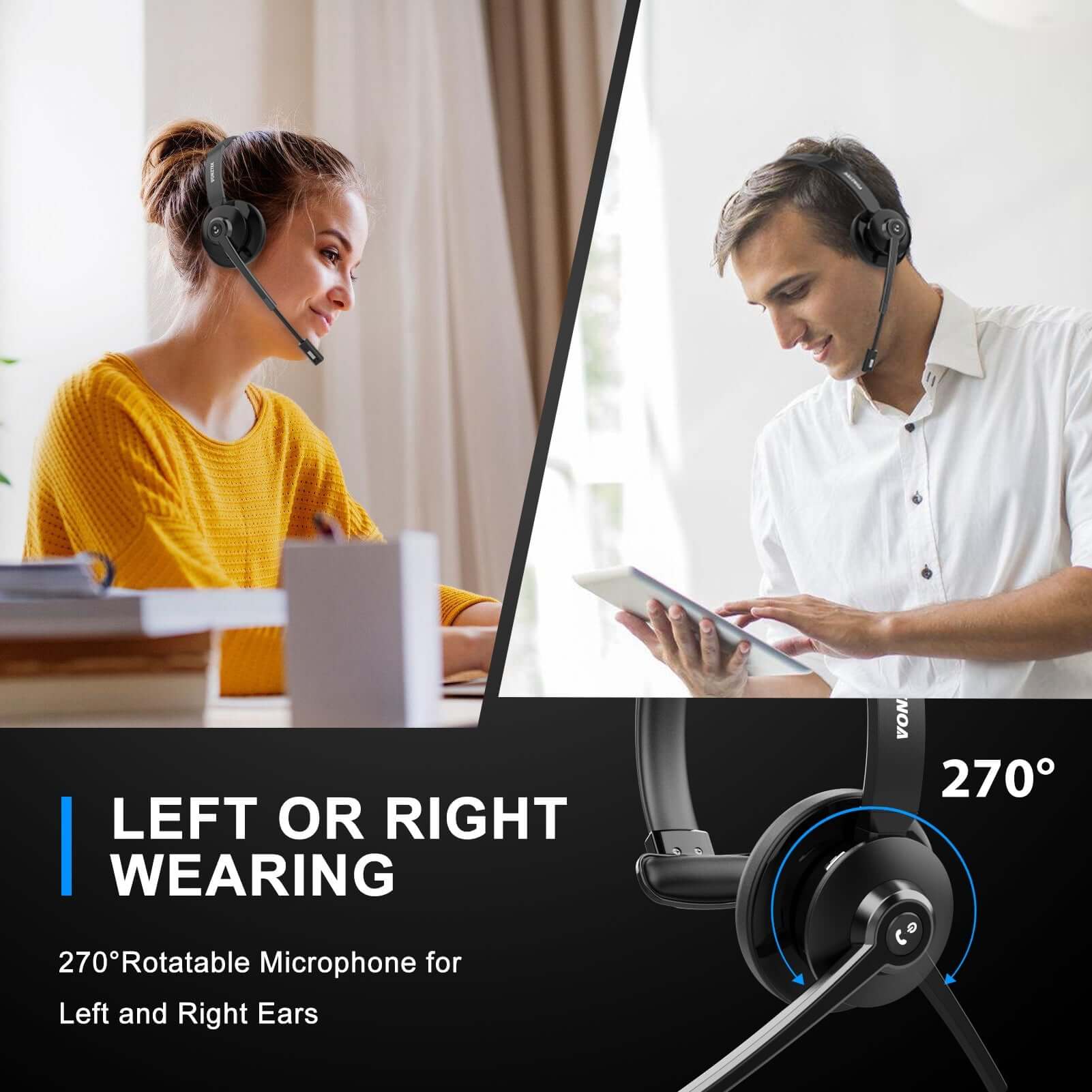 Left or right wearing,270° Rotatable microphone for left and right ears.