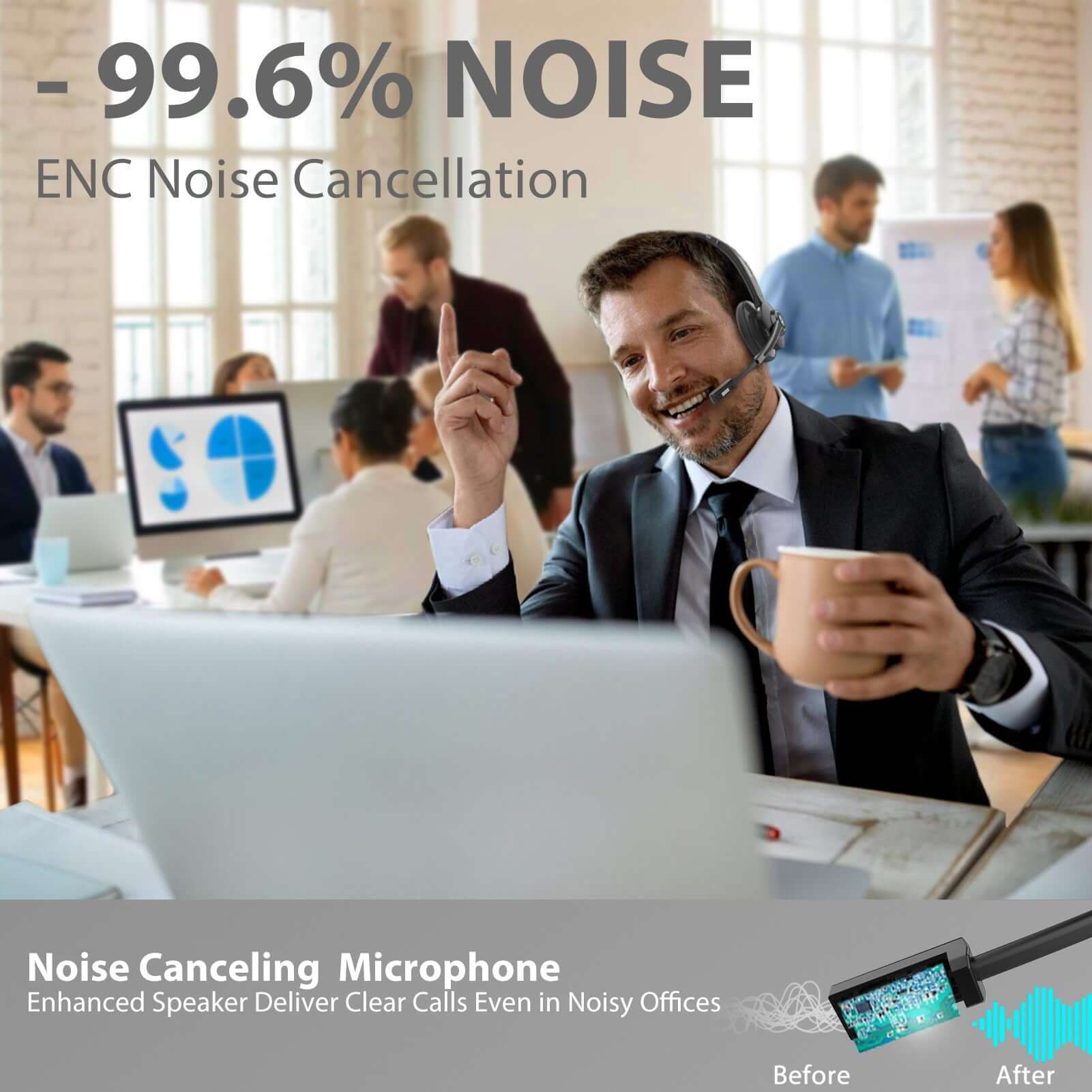 -99.6% noise,ENC Noise cancellation,Noise canceling microphone,Enhanced speaker deliver clear calls even in noisy offices.