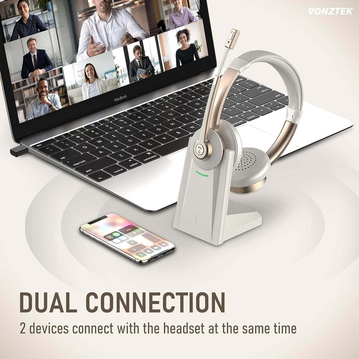 Dual connection,2 devices connect with the headset at the same time.
