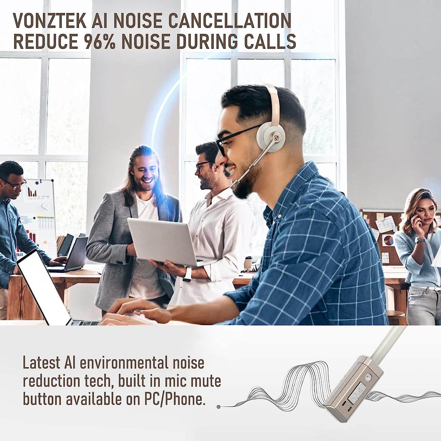 Vonztek ai noise cancellation reduce 96% noise during calls,Latest AI environmental noise reduction tech,built in mic mute button available on PC/Phone.