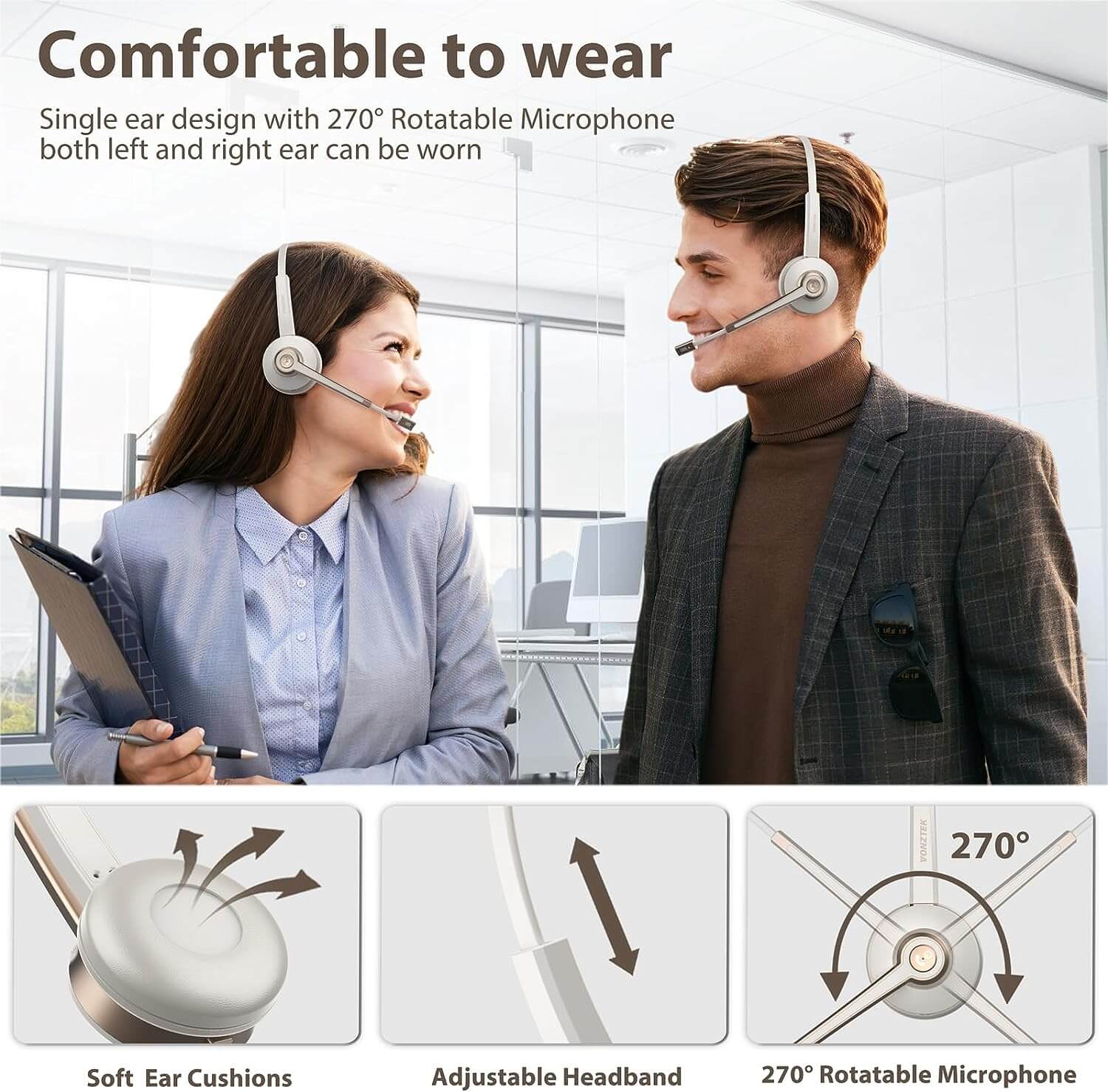 Comfortable to wear,Single ear design with 270° rotatable microphone both left and right ear can be worn,Soft ear cushions,Adjustable headband,270° rotatable microphone.
