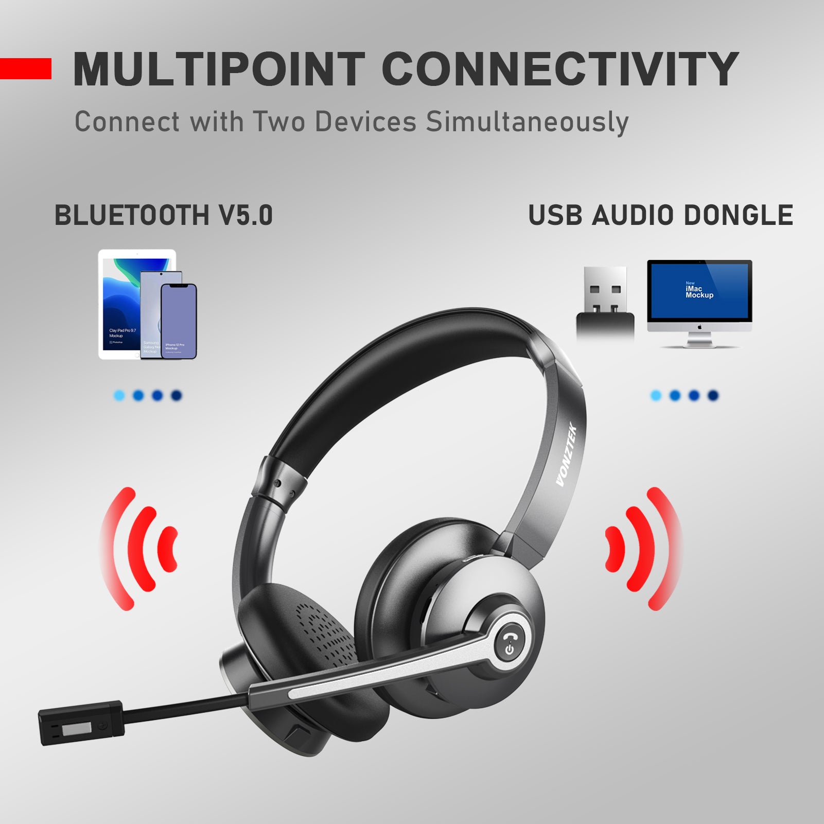 Multipoint connectivity,Connect with two devices simultaneously,Bluetooth V5.0,USB audio dongle.