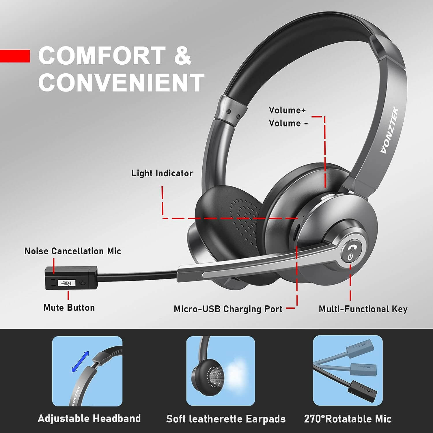 Comfort & convenient,Noise cancellation mic,Mute button,Micro-USB charging port ,Multi-Functional key,Light indicator,Volume+,Volume-.