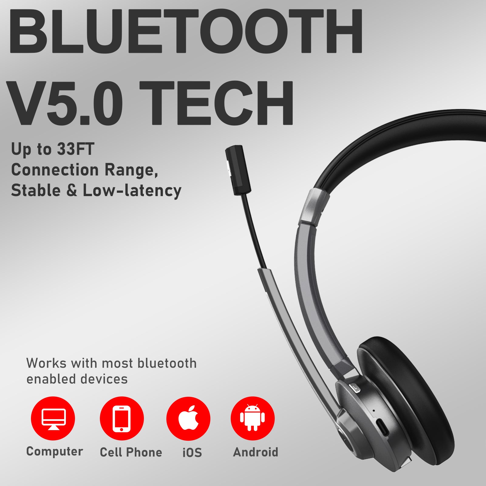 Bluetooth V5.0 tech,Up to 33ft,Connection range,Stable & Low-latency,Works with most bluetooth enabled devices,Computer,Cell phone,IOS,Android.