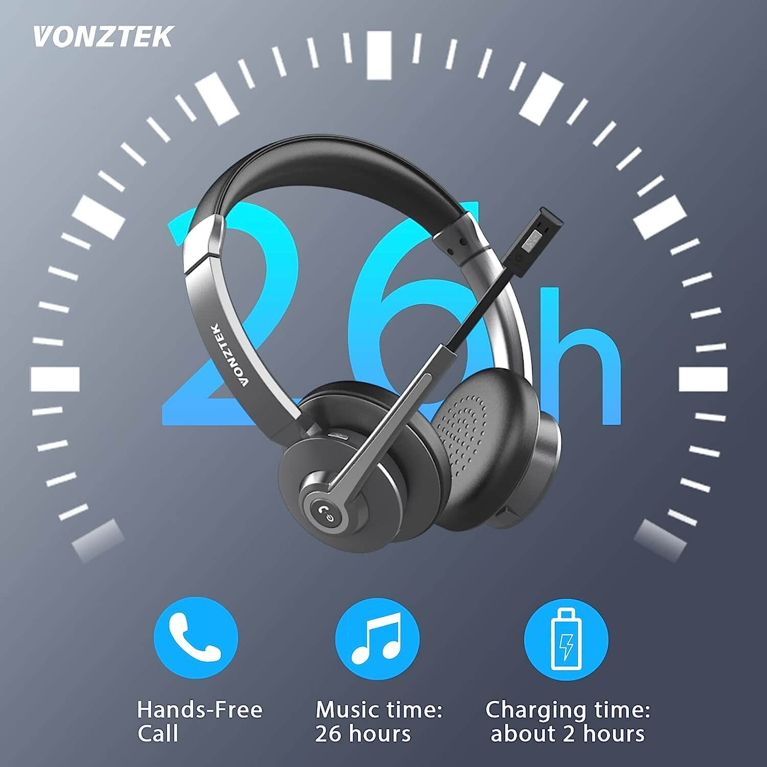 Hands-free call,Music time 26 hours,Charging time about 2 hours.