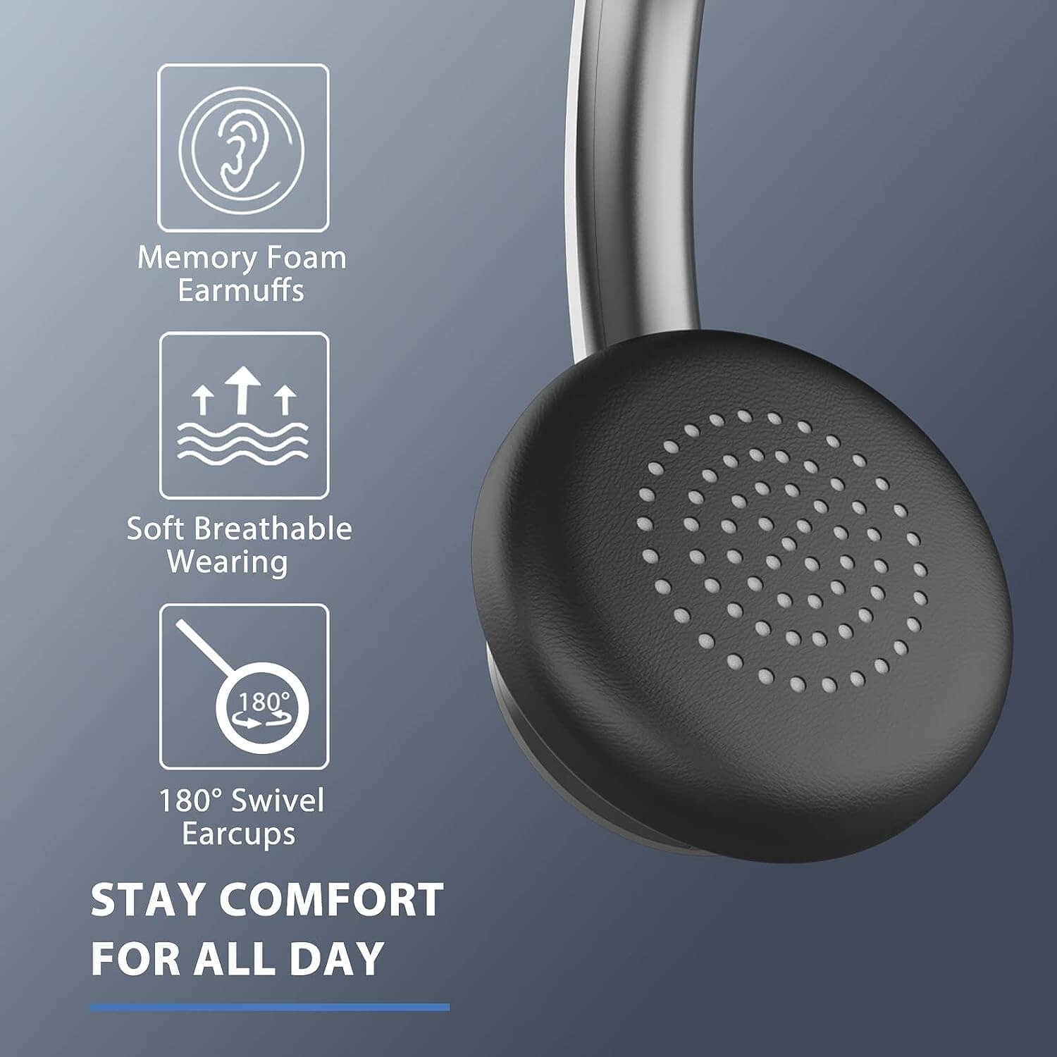 Memory foam earmuffs,Soft breathable wearing,180° swivel earcups,Stay comfort for all day.