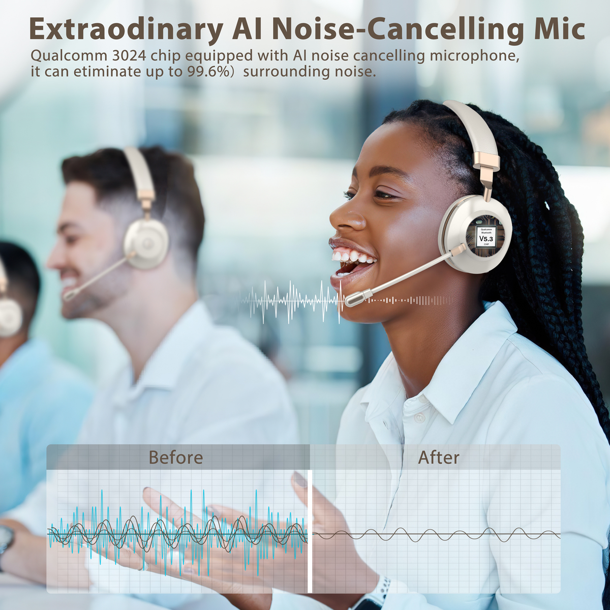 Wireless Headset, Bluetooth Headset with AI Noise Canceling Microphone