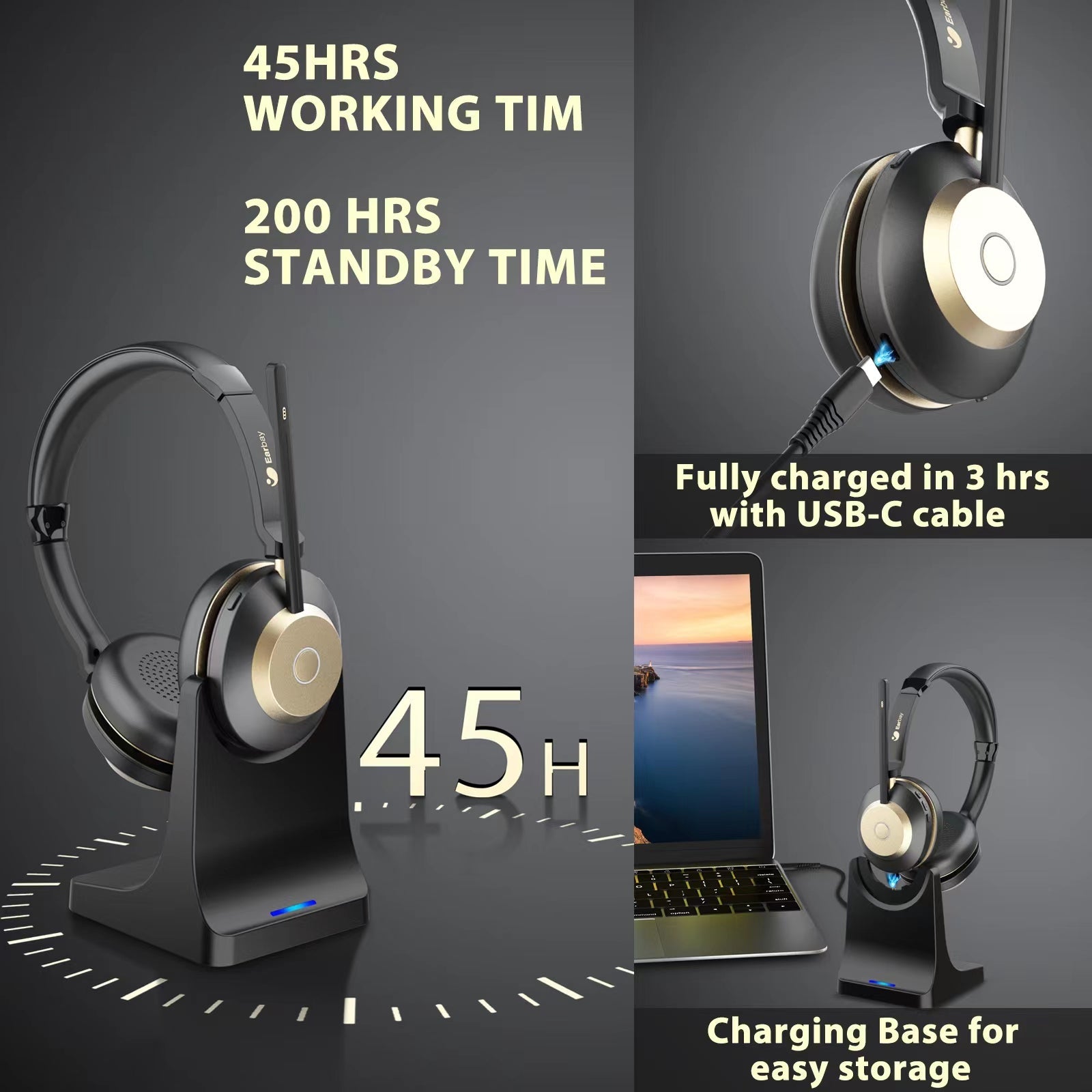 Earbay Black Gold Bluetooth Headset with Microphone, USB Dongle & Charging Dock BT882CD-G
