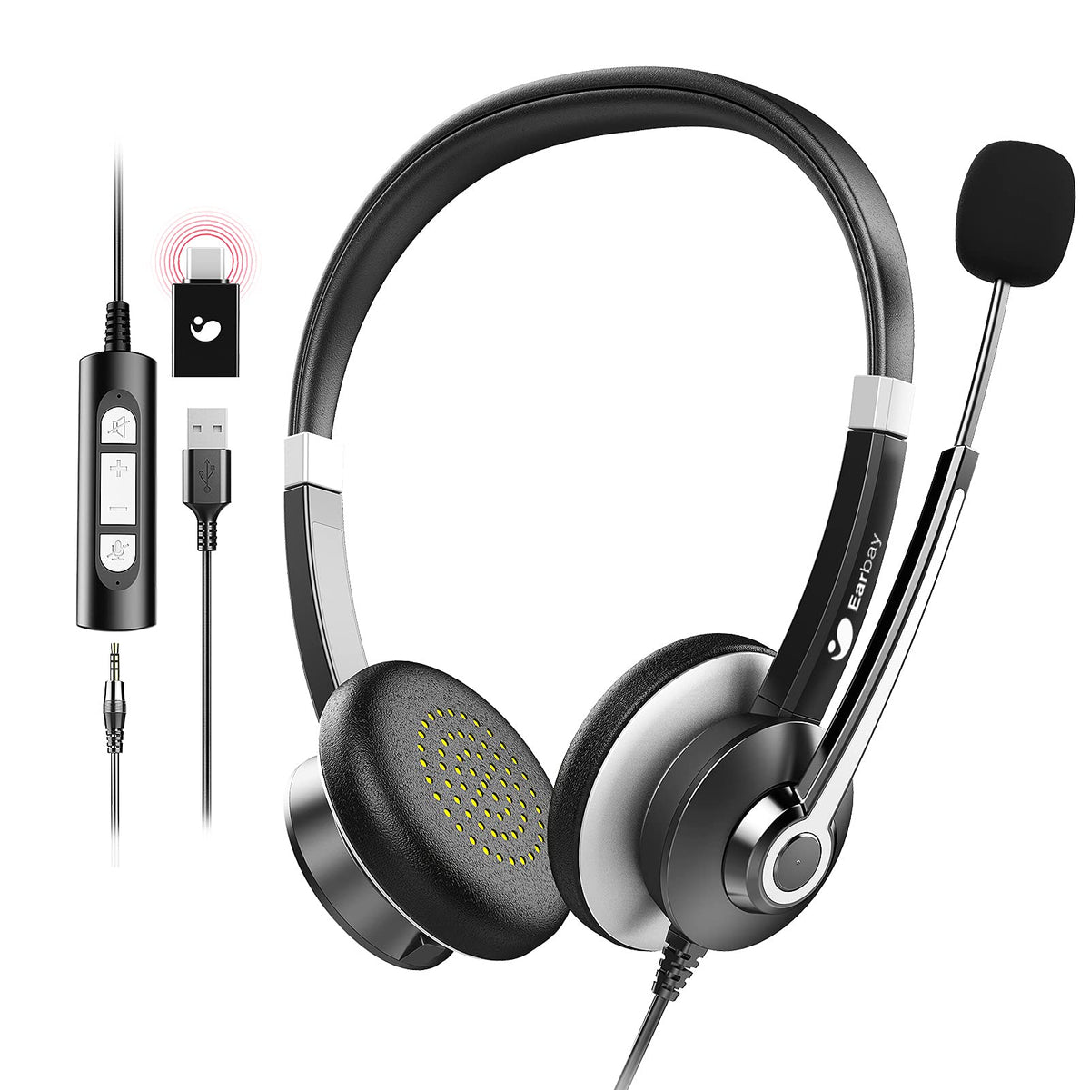 Usb Only Headset Earbay USB Headset With Microphone 3.5mm Jack & USB Type-C Adapter C68