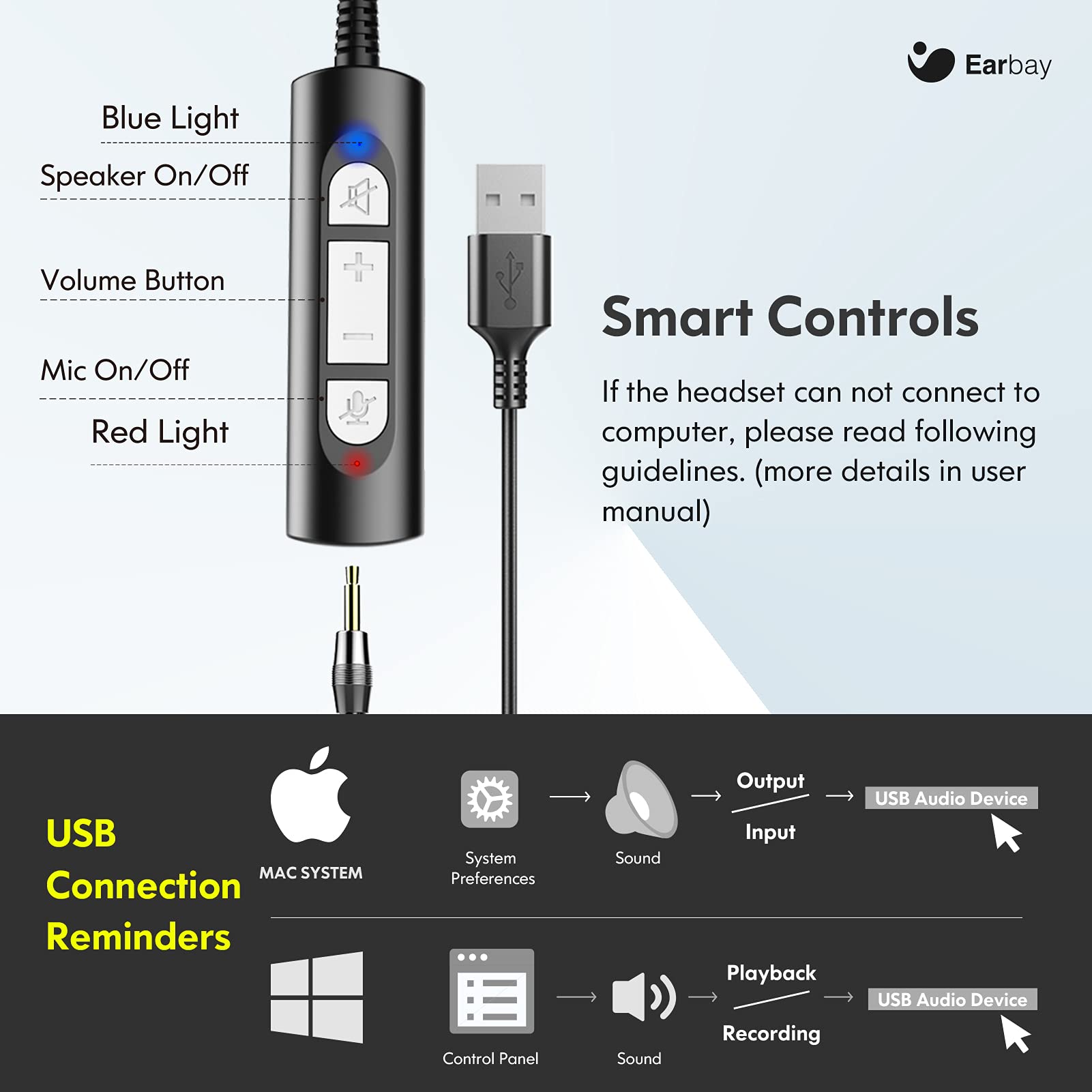 Earbay USB Headset With Microphone 3.5mm Jack & USB Type-C Adapter C688UC