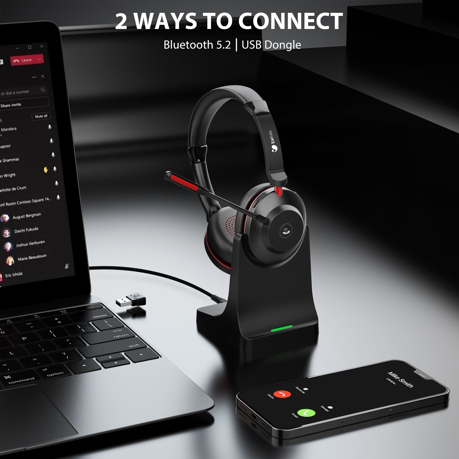 Earbay Black Red Bluetooth Headset with Microphone, USB Dongle & Charging Base (Qualcomm 3024 Chip)