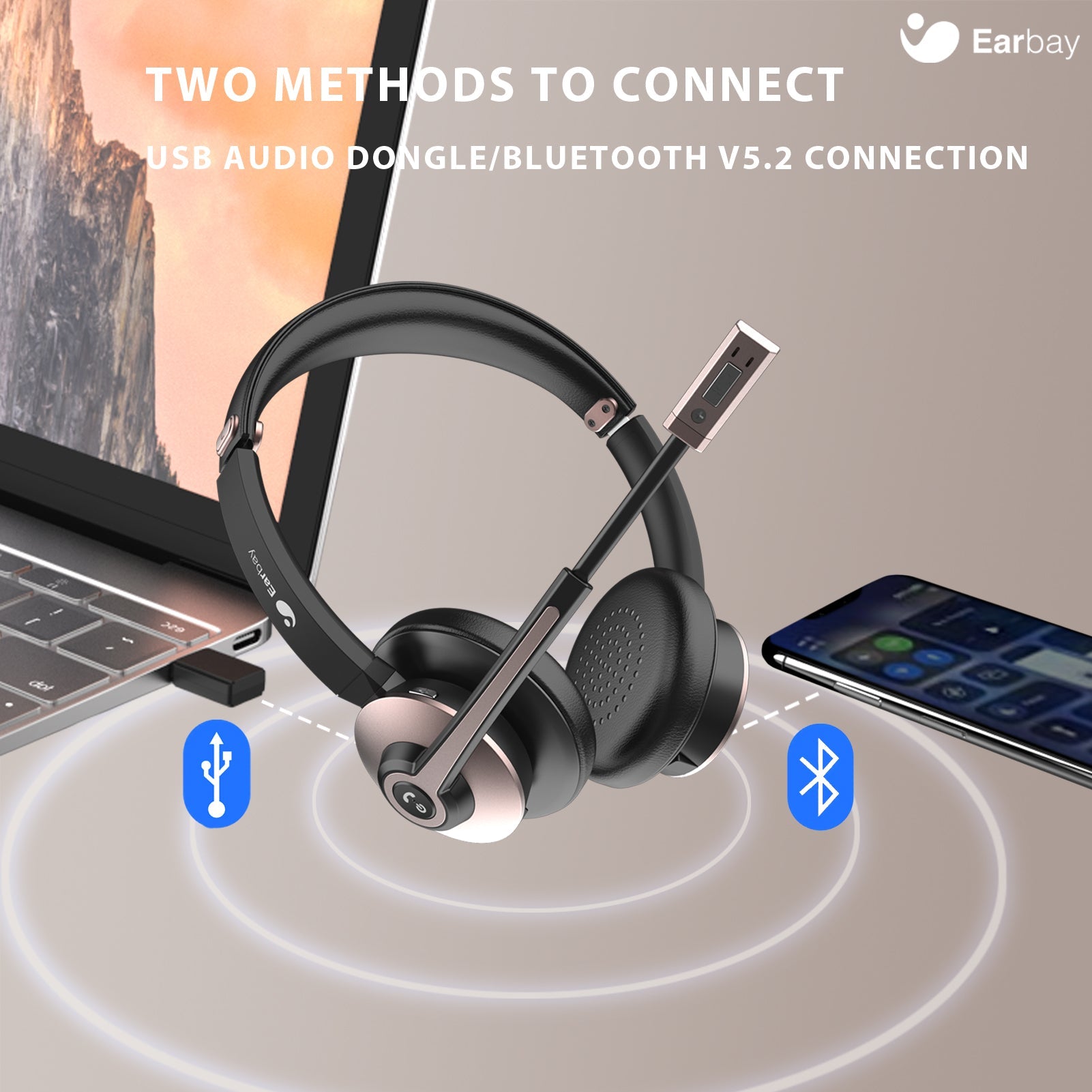 Earbay Rose Gold Bluetooth Headset with Microphone, USB Dongle BT782G-DG
