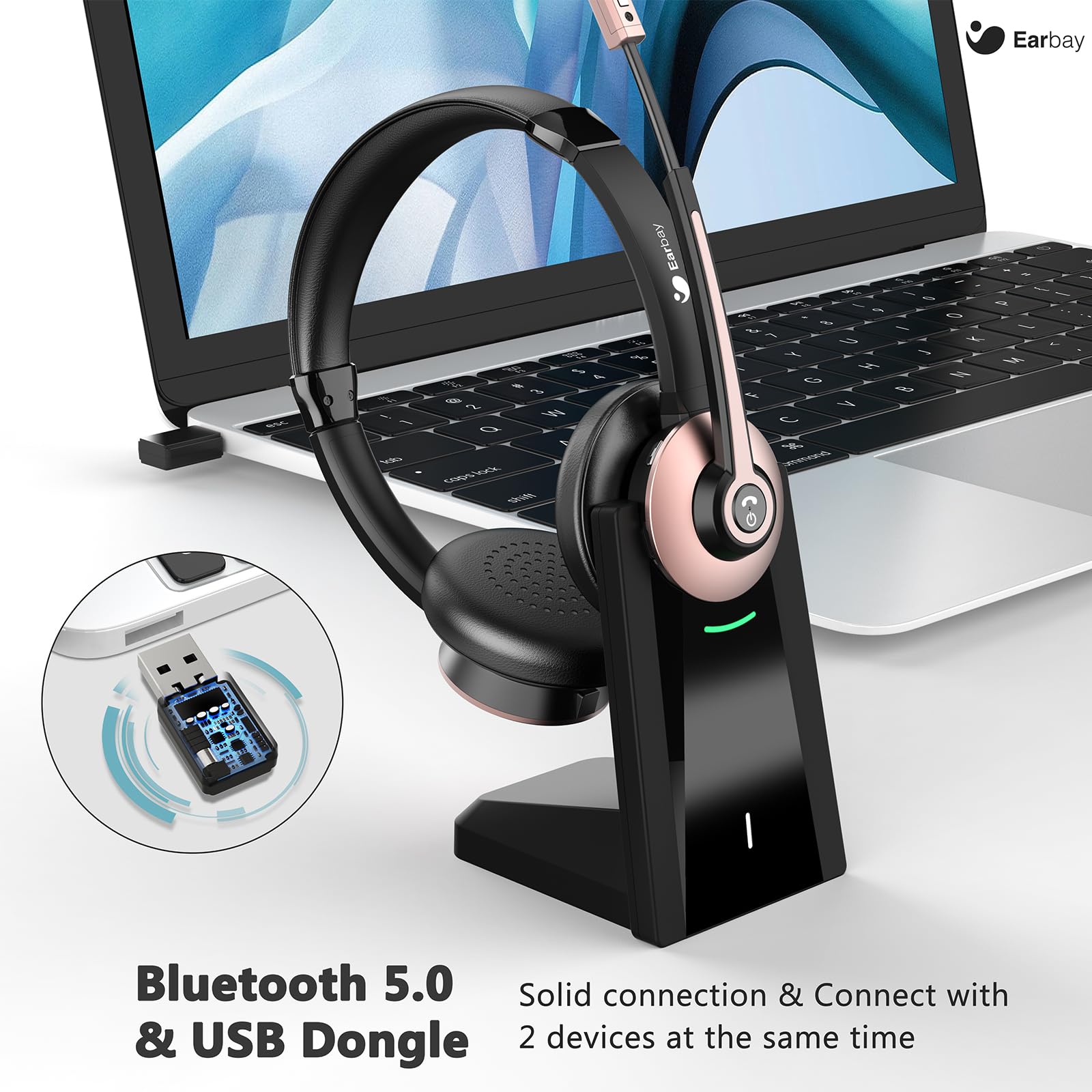 Earbay Rose Gold Bluetooth Headset with Microphone, USB Dongle Charging Dock BT786-CD