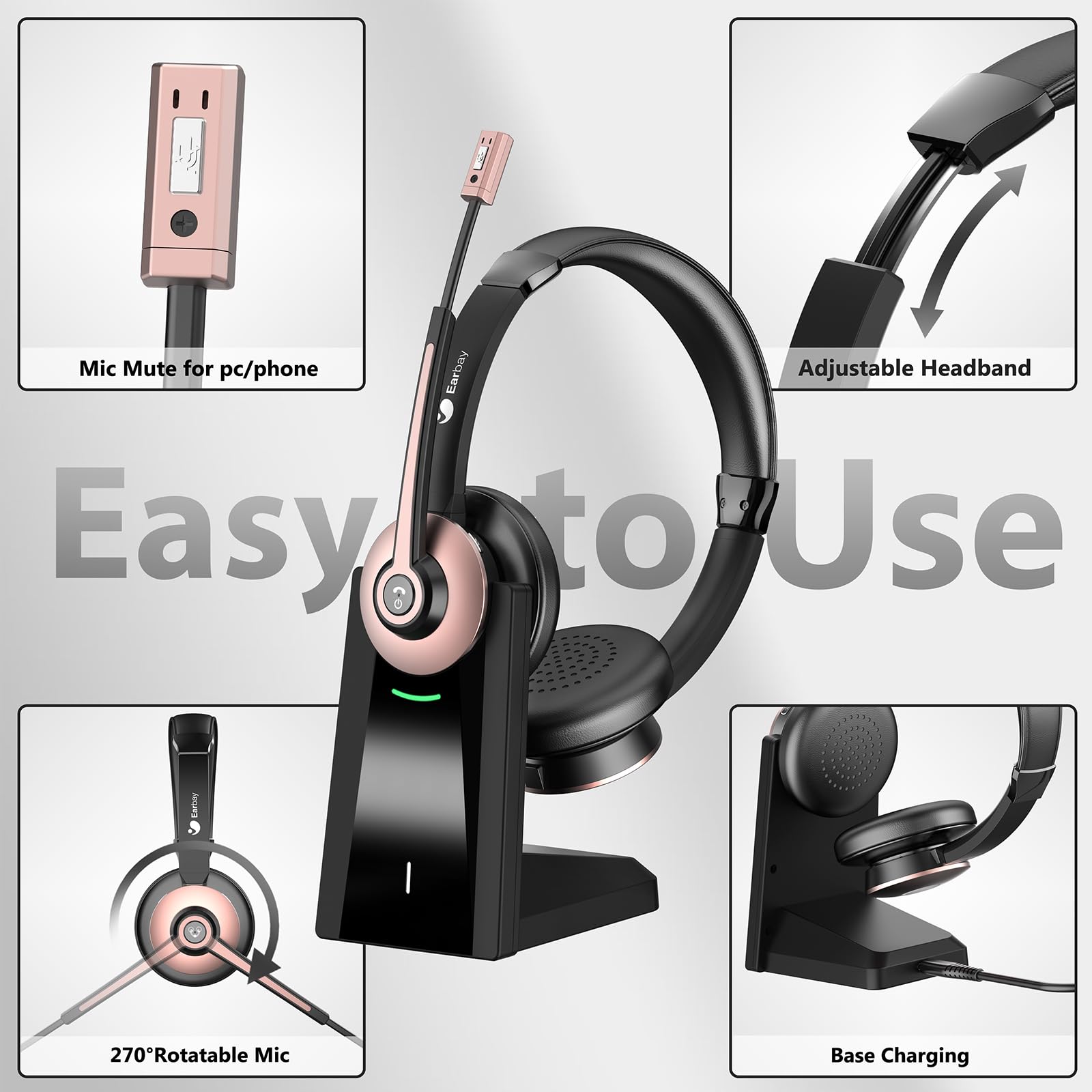 Earbay Rose Gold Bluetooth Headset with Microphone, USB Dongle Charging Dock BT786-CD