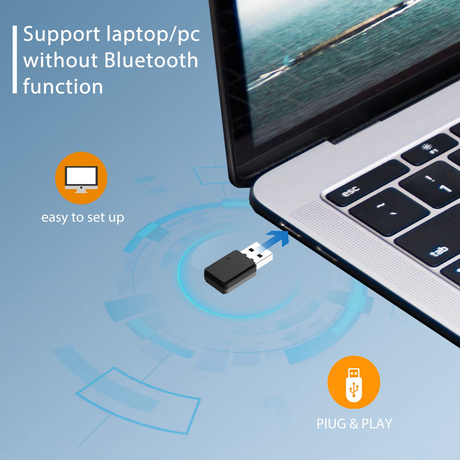 Support laptop/pc without bluetooth function,Easy to set up,Plug & Play.