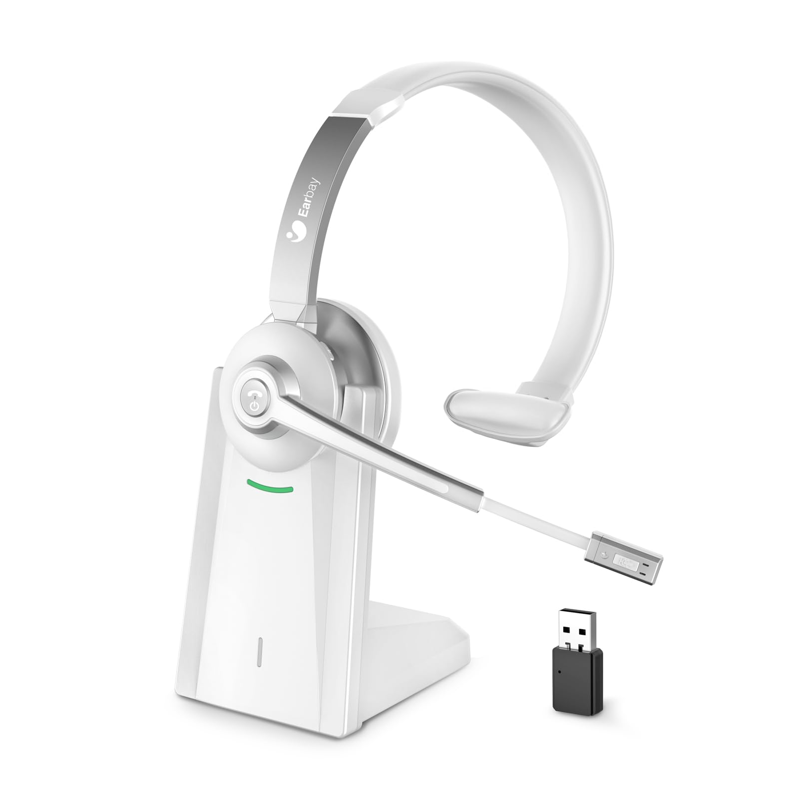 Earbay White Trucker Bluetooth Headset with Microphone, USB Dongle & Charging Base BT783MB-CD
